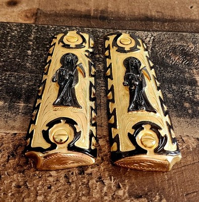 Santa muerte mexican Cachas black gold 1911 pistol gun grips