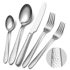 Hammered Silverware Set, 40-Piece Stainless Steel Flatware Set for 8, Mirror ...