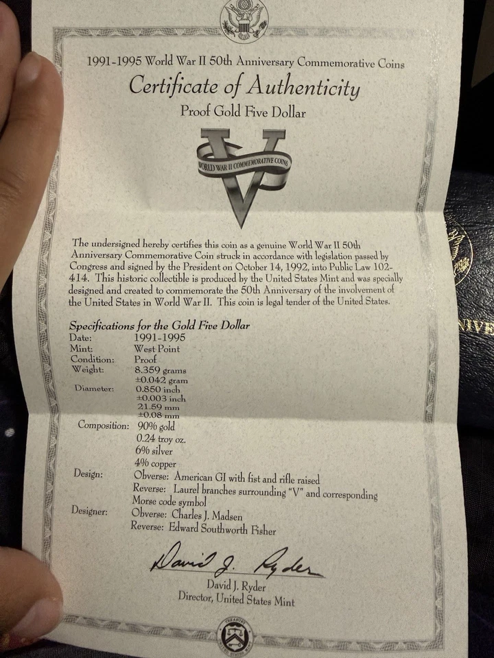 50th Anniversary of World War II Commemorative 1993 W Proof Gold $5 - Image 3 of 4