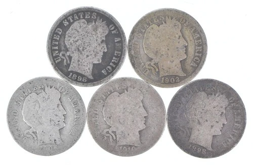 Better Lot 5 1898 1902-O 1906-D 1910-D 1898 Barber Dime 0.50 Face *239