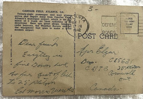 Atlanta Georgia GA Candler Field New Control Tower 1942 Postcard Elgar - Picture 2 of 2