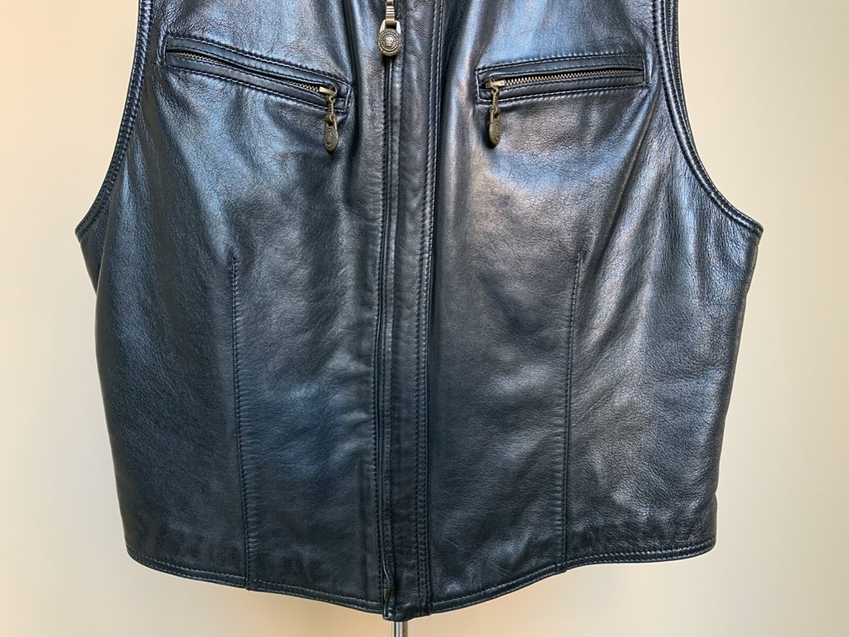 GIANNI VERSACE Black Leather Vest Zip Up w/ Pockets Size 48