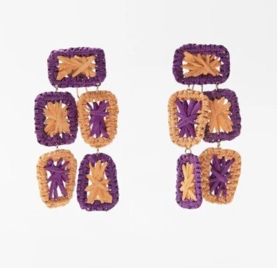 ZARA Colorful Woven Purple Orange Raffia Oversized Drop Dangle