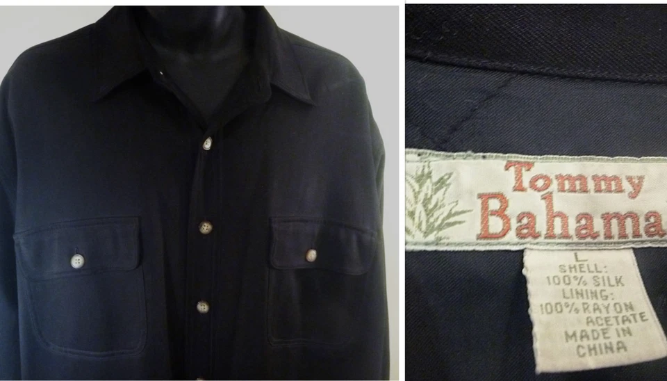Tommy Bahama Hombres Camisa de Seda Chaqueta Chamarra L XL Negro Forro Edredón Suave Años 90 Foto 2 de 4