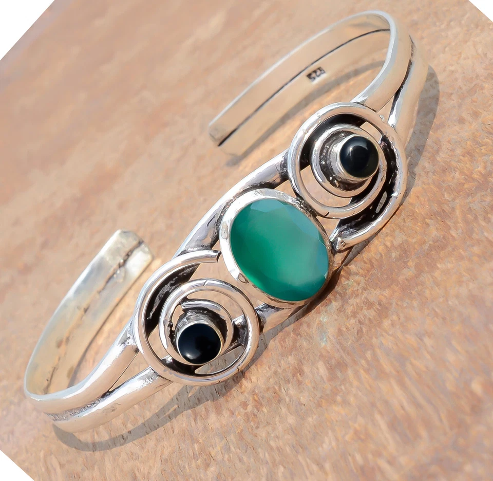 Brazalete Brazalete Regalo Sorpresa Plata Esterlina 925 Piedras Preciosas Ónix Verde y Ónix Negro Foto 2 de 4