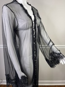 Black Sheer Lace Mesh Robe Sexy Open Cover Up Long Sleeve Nightgown M