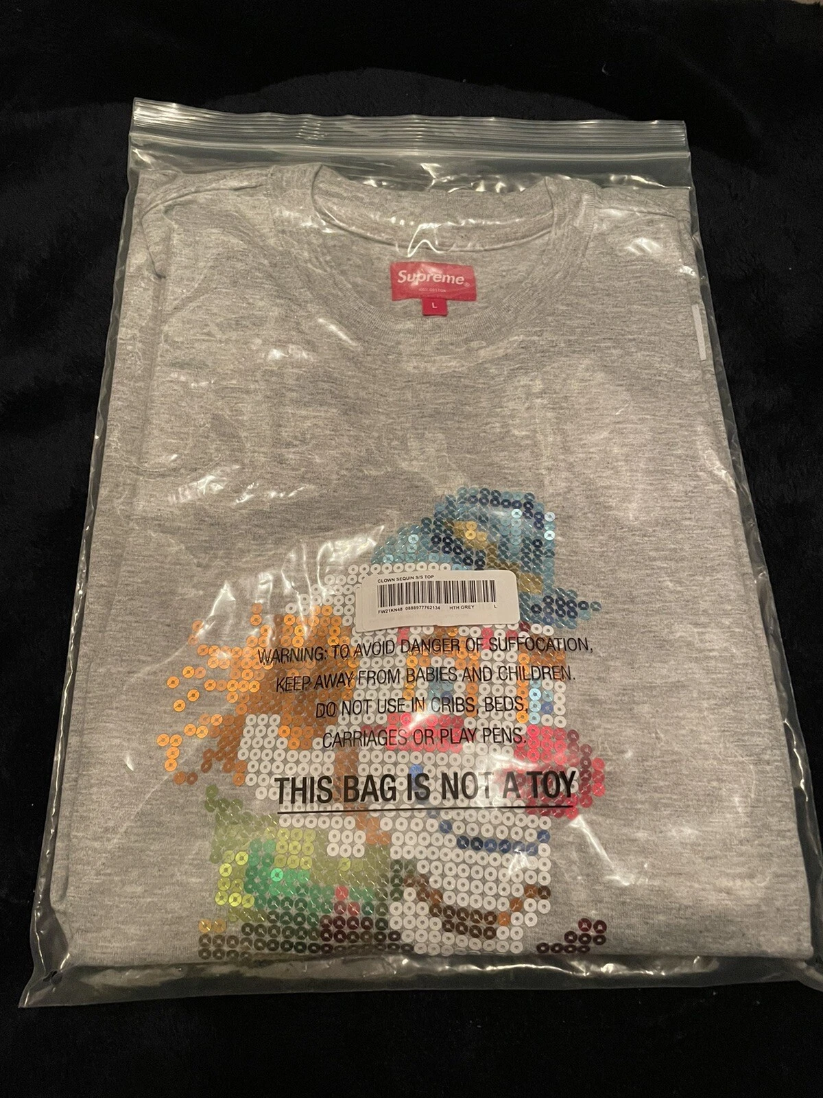 Tee shirt clown suprême paillettes gris bruyère logo boîte neuf taille L Large