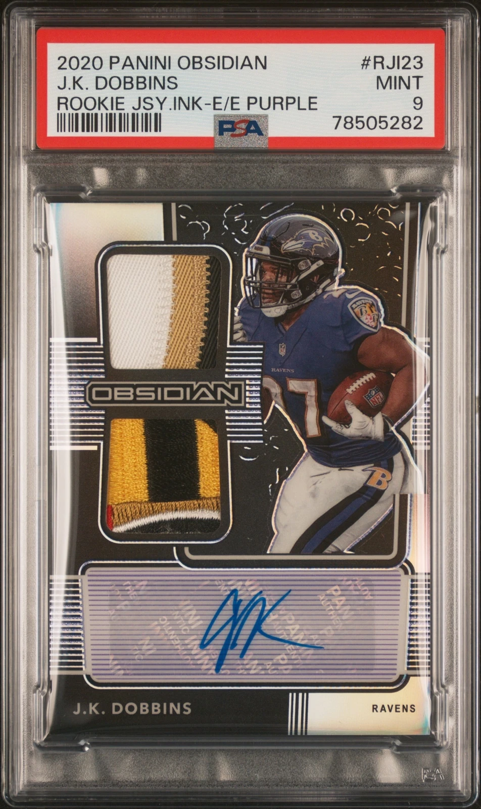 JK Dobbins Panini Obsidian Rookie Jersey Ink #RJI23 Electric Etch-Purple