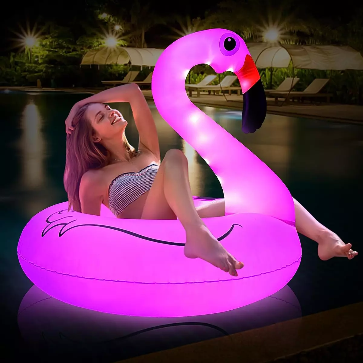Inflatable Flamingo Pool Floats with Lights Solar Powered Flamingo Swimming Pool