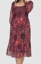 Vince Camuto Women's Red Floral-Print Smocked Midi Dress Size 16