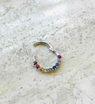 Rainbow Septum Ring Clicker Daith Hoop with Natural Sapphire 14kGold Rook Tragus