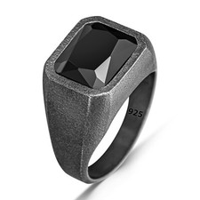 925 Sterling Silver Basic Oxidized Rectangle Black Zircon Stone Men Ring