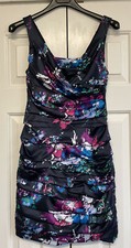 NWT Express Design Studio Satin Mini Dress Black Blue Floral Ruched Sz 0