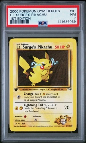 2000 POKEMON GYM HEROES 1ST ED #81 LT. SURGE'S PIKACHU PSA 7