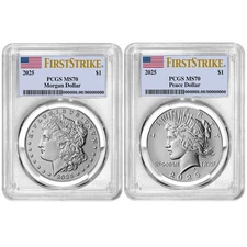 2025 $1 Morgan and Peace Silver Dollar 2pc Set PCGS MS70 FS Flag Label