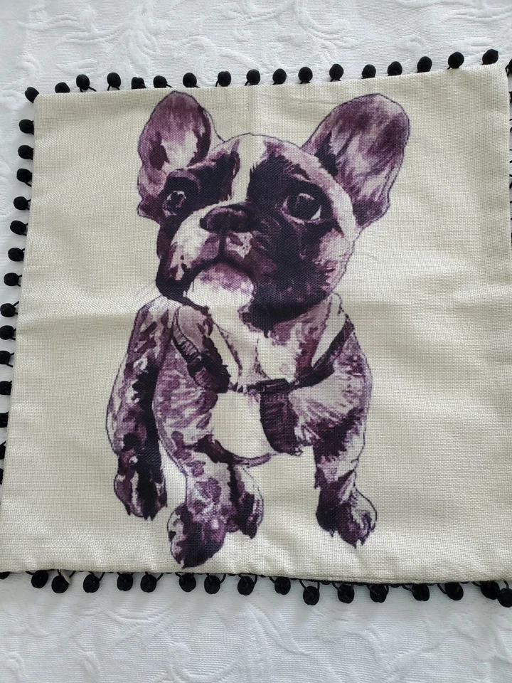 2 Cute Bulldog Pug Puppies Decorative Pillow Cover 17 X 17" Black Pom- Pom Trim - Image 2 of 4