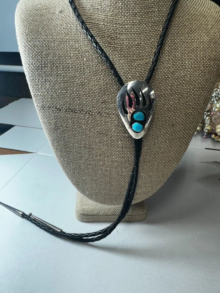 Corbata Nativo Americano Bolo Navajo Firmada Thomas Nez Oso Pata Turquesa TN Foto 4 de 4