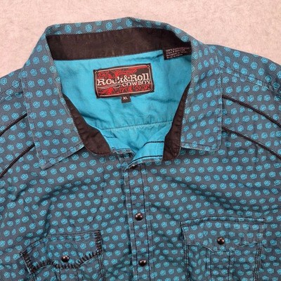 Rock & Roll Cowboy Western Snap Shirt Mens XL Turquoise Black Rose B2S2135