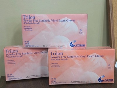 Trilon Satin Stretch Powder Free Synthetic Vinyl Exam Gloves 100 count S, M, L
