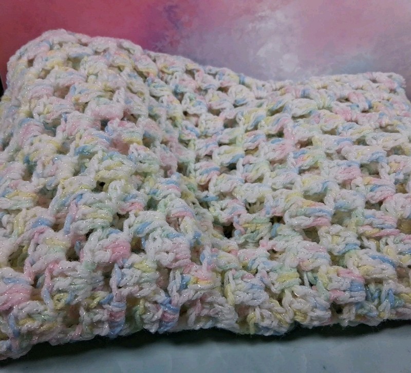 Handmade Crochet Pastel Blue Pink Yellow Afghan Throw Square 36" Lap Blanket