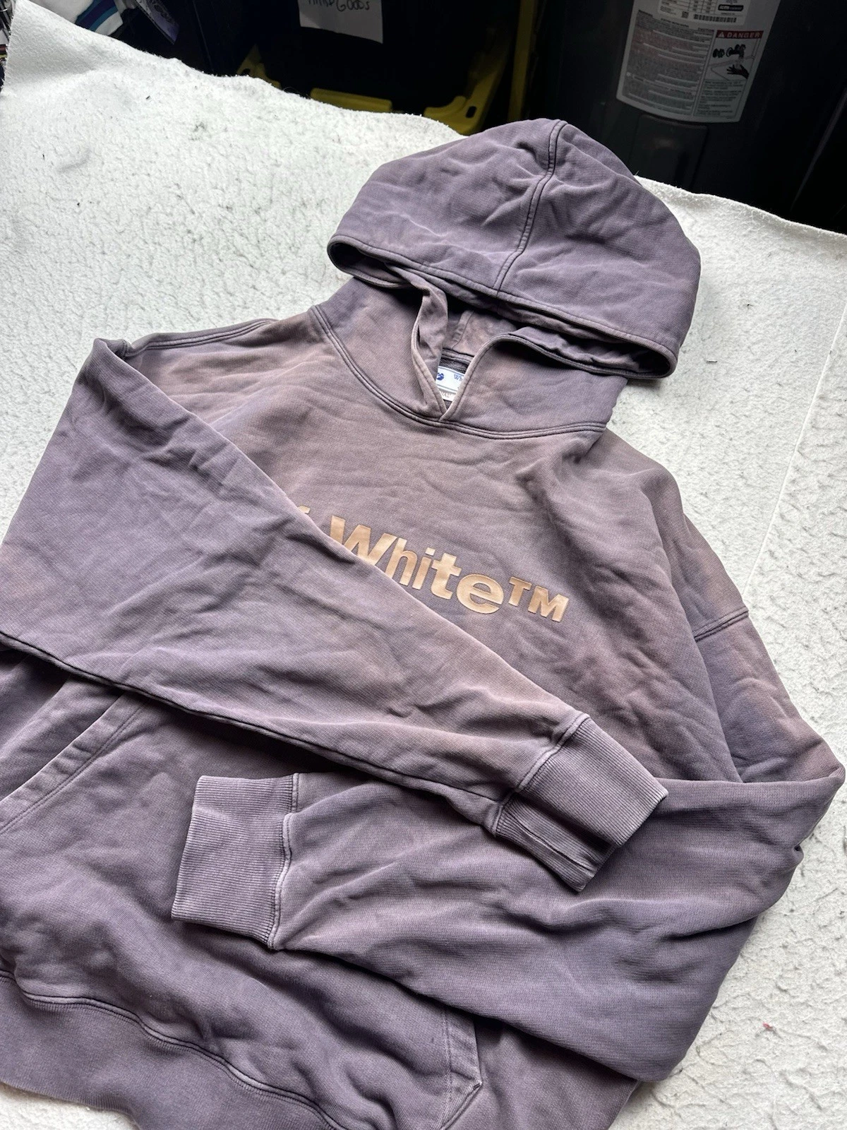 OFF WHITE Autentica felpa con cappuccio uomo bianco sporco logo lavanderia effetto invecchiato taglia XL 2013