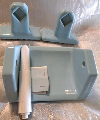 Vtg 50s Lite Blue Ceramic Toilet Paper, Roller, Towel Rod Holder NOS USA 1772