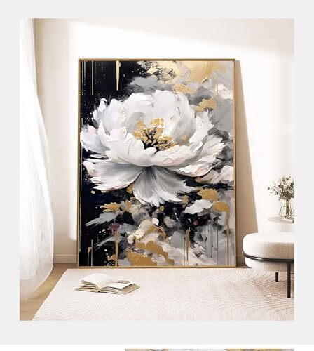 Abstract Flower Canvas Wall Art Black and White - Hand Painted Texture Oil - Picture 4 of 7