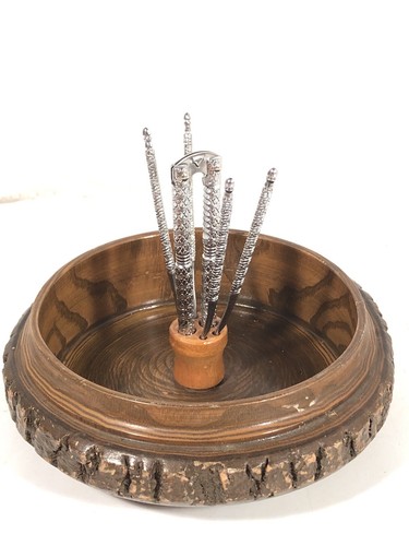 Vintage Ellwood Handmade Rusticware Wood Bark Nut Bowl w Nutcracker & Picks USA - Picture 3 of 12