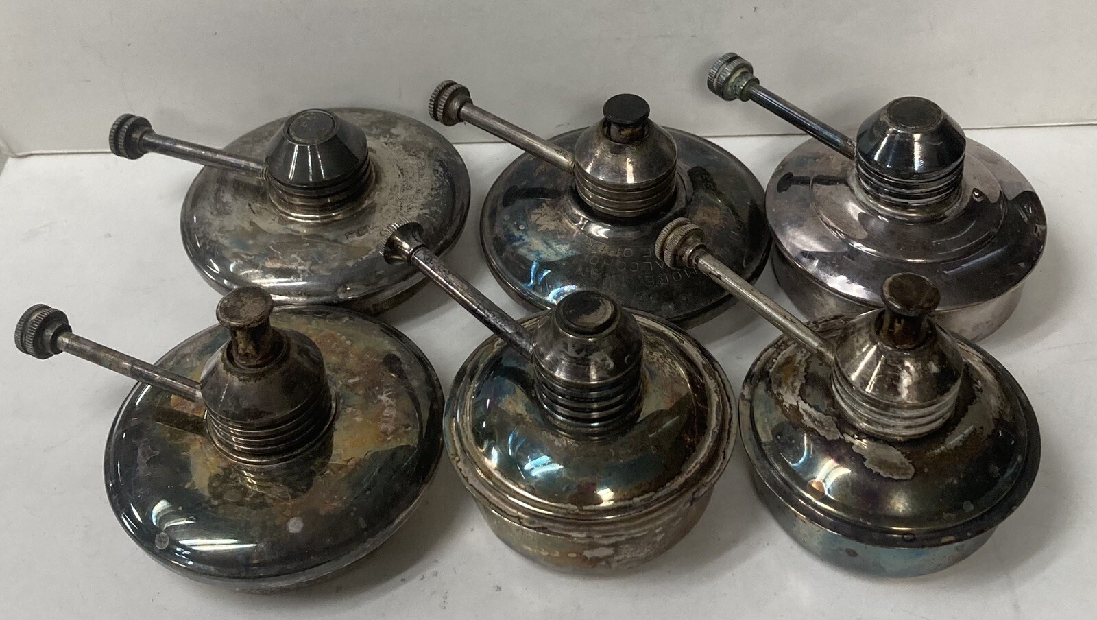 6 Vintage or Antique Silver Plate Chafing Dish Alcohol Burners Sheridan