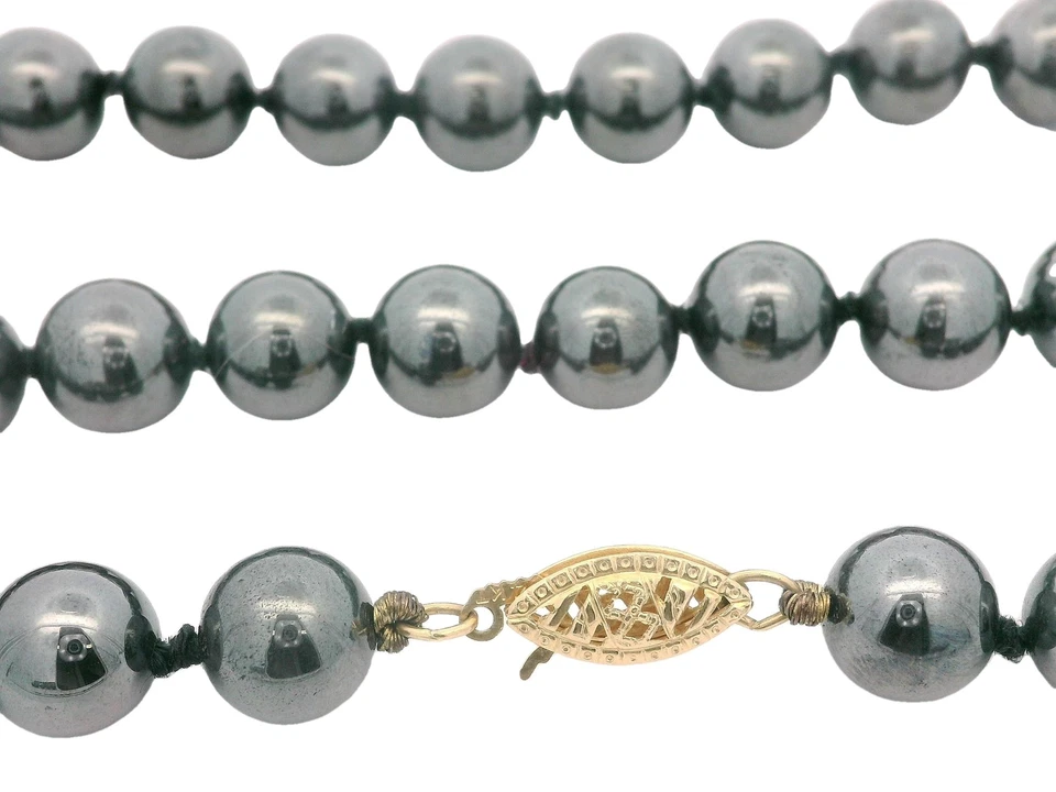 Vintage 32" Long Bead Ball Hematite Strand Necklace w/ 14k Yellow Gold Clasp - Image 3 of 4
