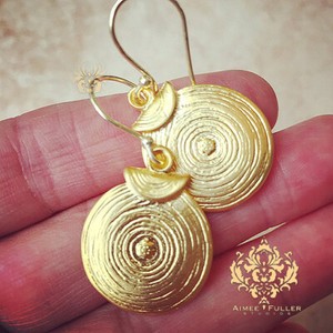 Authentic Ethnic Spiral Disk Hand-made Earrings Gold Dangle Africa 22K Matte Gold Plated