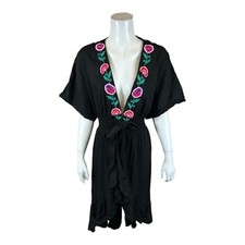America  Beyond Women's Embroidered Tie Waist Caftan Black Multi 1XL Size