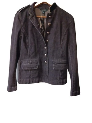 Women's Sz 0 Lauren Ralph Lauren Black Denim Military Jacket Pockets Epaulettes - Image 1 of 4