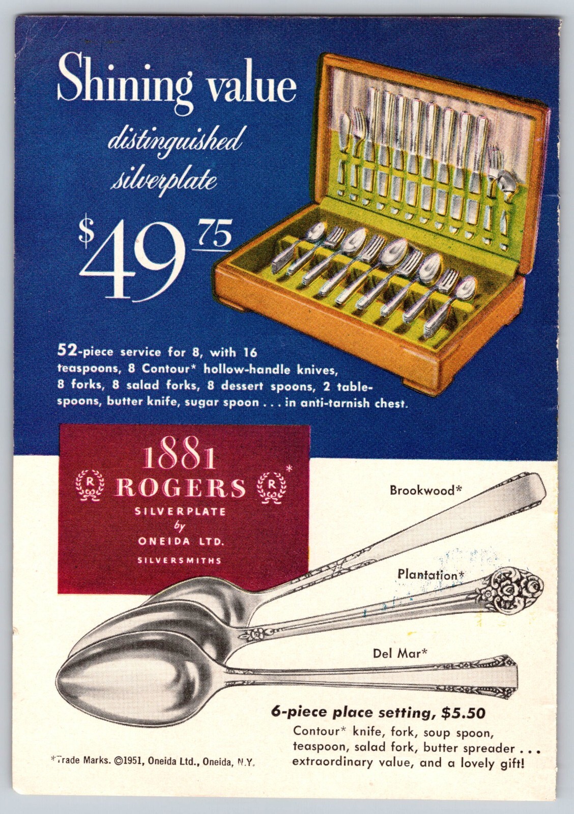 1951 PRINT AD 1881 Rogers Silverplate by Oneida Brookwood Plantation