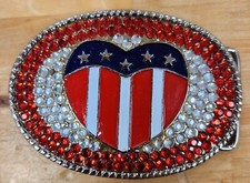 Vintage Heart Shape United States Flag Design Belt Buckle Enamel Rhinestones USA