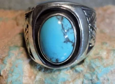 New Sterling Silver Kingman Turquoise Mens Ring Navajo Russell Sam Size 10 3/4
