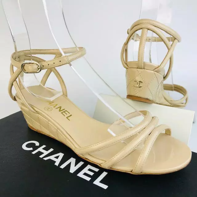 CHANEL, PAIR OF BLU DENIM CAMELLIA CORK WEDGE SANDALS, Chanel: Handbags  and Accessories, 2020