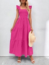 Women Square Neck Causal Short Sleeve Solid Summer Slip Long Dress