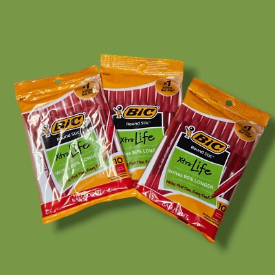 3x BIC Ballpoint Pens Xtra-Life Round Stic RED INK-  Pack of 10 (30 Total)