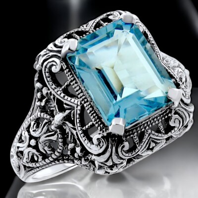 4 KT ECHTER HIMMELBLAUER TOPAS 925 STERLINGSILBER KLASSISCHER ART DECO STIL RING #728