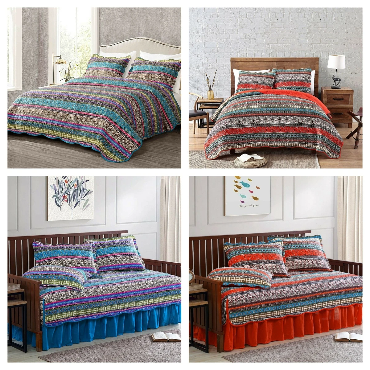 Boho Chic Pre Washed Cotton Quilt Set Bohemian Floral Bedspread Daybed Cover Set