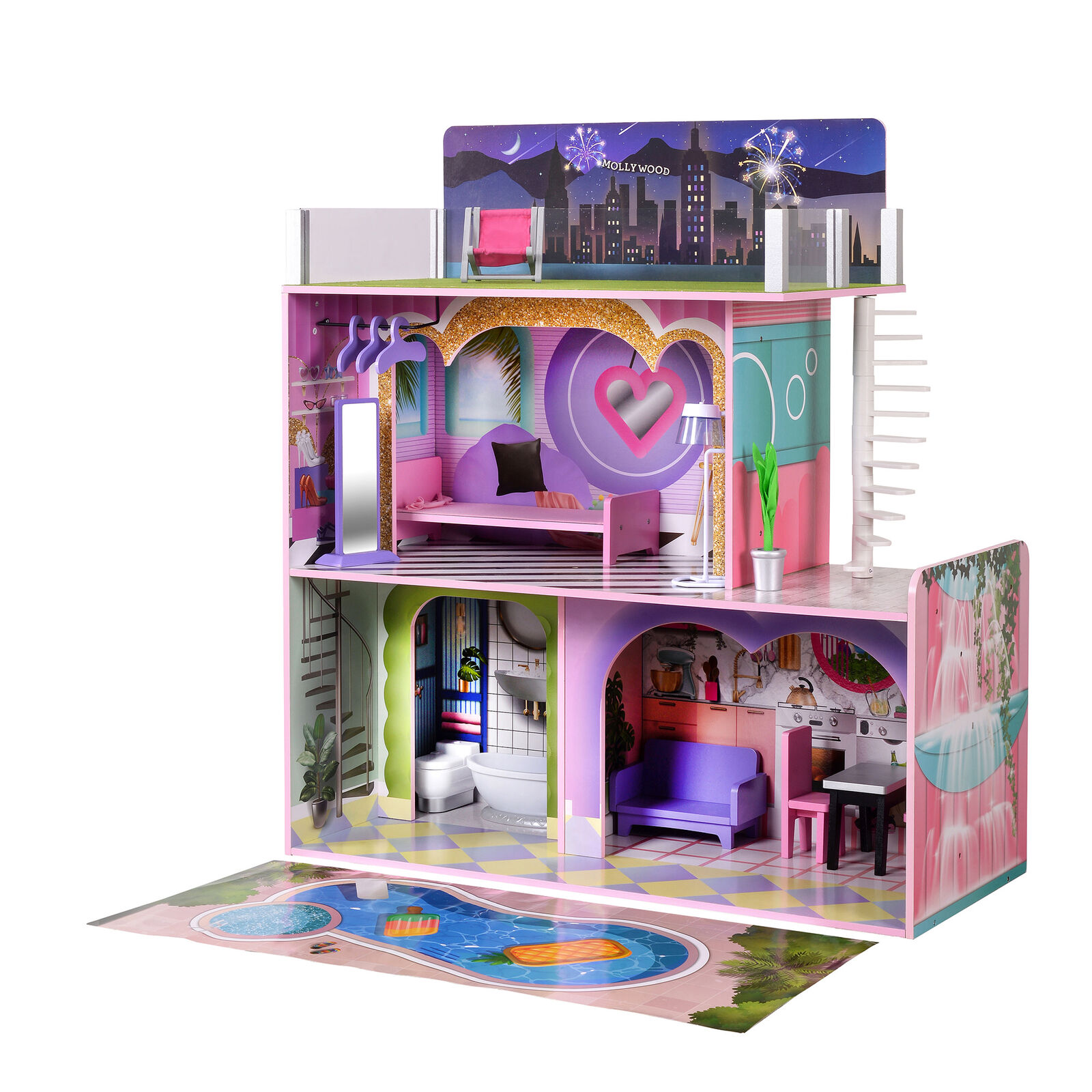 Olivia's Little World Kids Wooden Doll House 3 Floors 16 Accessories TD-13616A