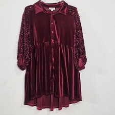 Vestido Babydoll Umgee Terciopelo Lentejuelas Manga Talla M Borgoña Rojo Vino Abotonado Mini