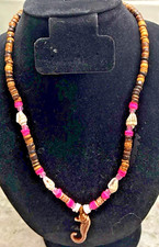 Cute Artisan Seahorse Pendant Necklace Glass Ceramic Beads Beach Pink L3
