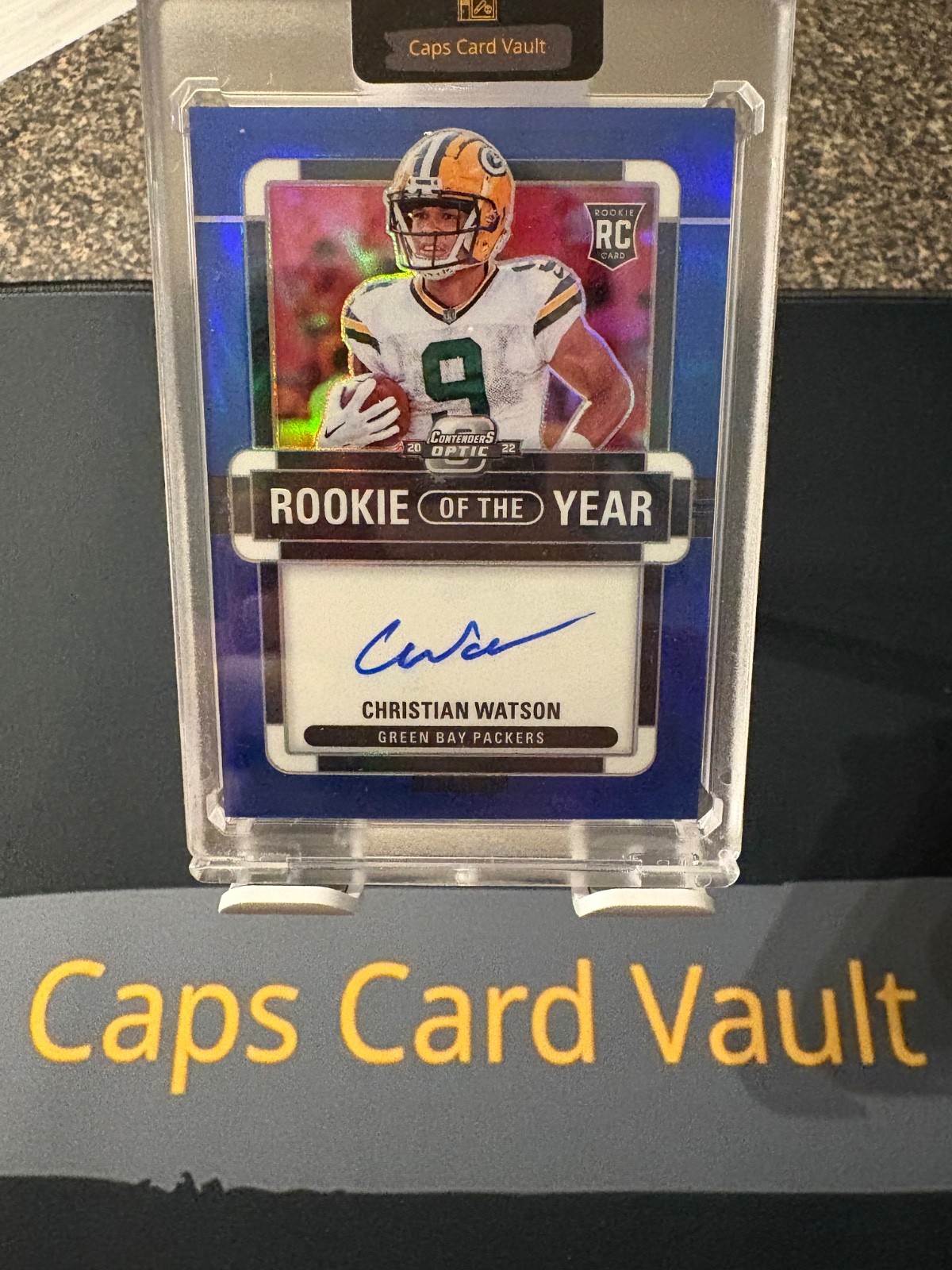 Christian Watson Panini Contenders Optic Rookie of the Year Contenders Autographs #ROYCW Blue