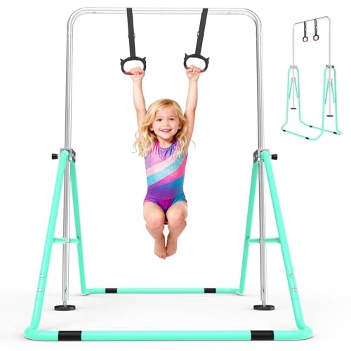 Gymnastics Bar for Kids with Gymnastics Rings, Height Adjustable Green