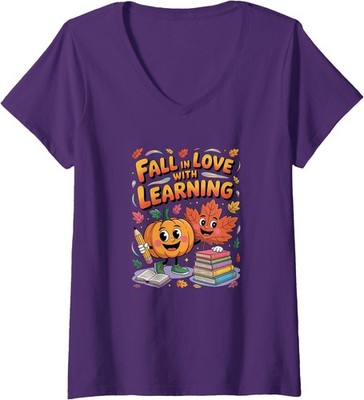Retro Fall Love Learning Autumn Pumpkin Teacher Ladies' V-Neck Tshirt