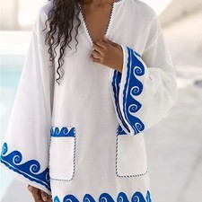 Anthropologie Celandine Embroidered Wave Cotton Linen Blend Mini Shift Dress