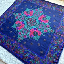 Vintage Challis by Berkshire 46"X46" Colorful Floral Scarf Square Blue Italy