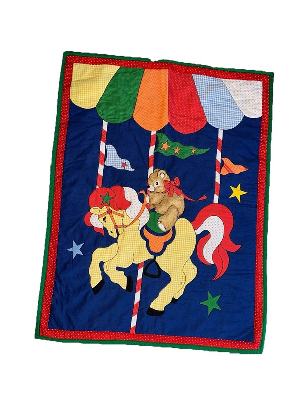 Vintage Carousel Horse/Baby Bear Quilt Panel/ Wall Hanging 36”X 46” Colorful EUC